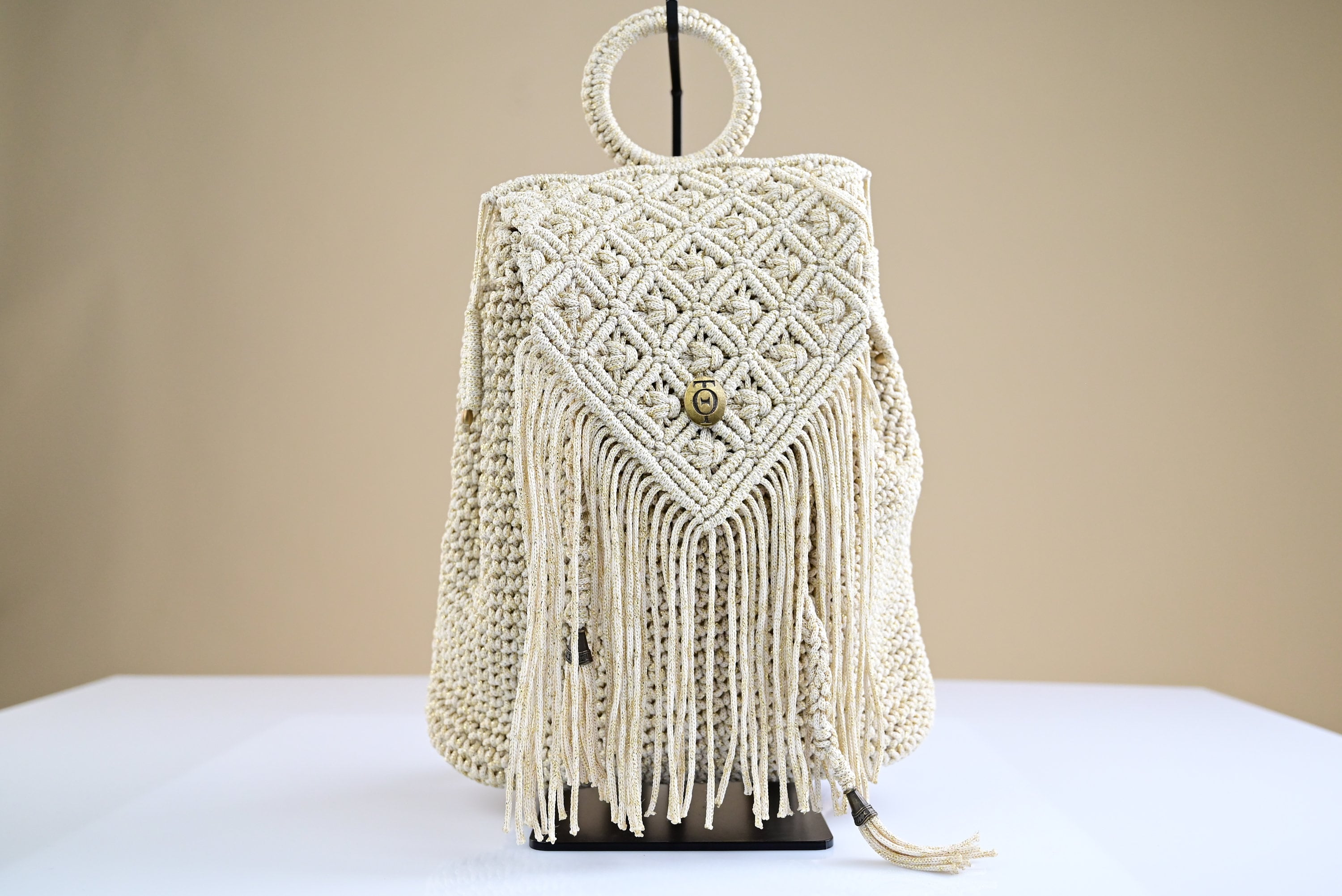 Beige and Gold Crochet Backpack, Fringed Macramé Flap  display picture 3