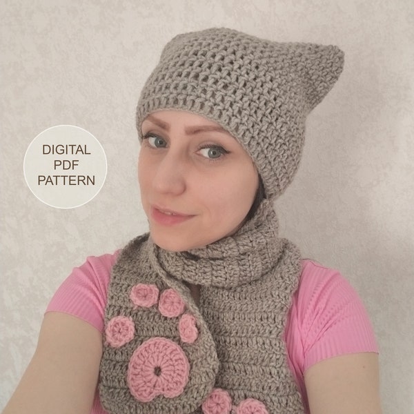 Cat hat + scarf crochet pattern PDF, hat with cat ears Cat hat crochet pattern, crochet scarf crochet pattern,