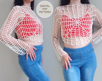 Crochet Spider Web Top, Halloweb Top, Crochet Pattern, PDF, Spider Web Blouse, Long Sleeve Top,