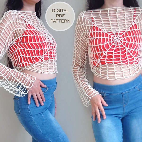 Crochet Spider Web Top, Halloweb Top, Crochet Pattern, PDF, Spider Web Blouse, Long Sleeve Top,