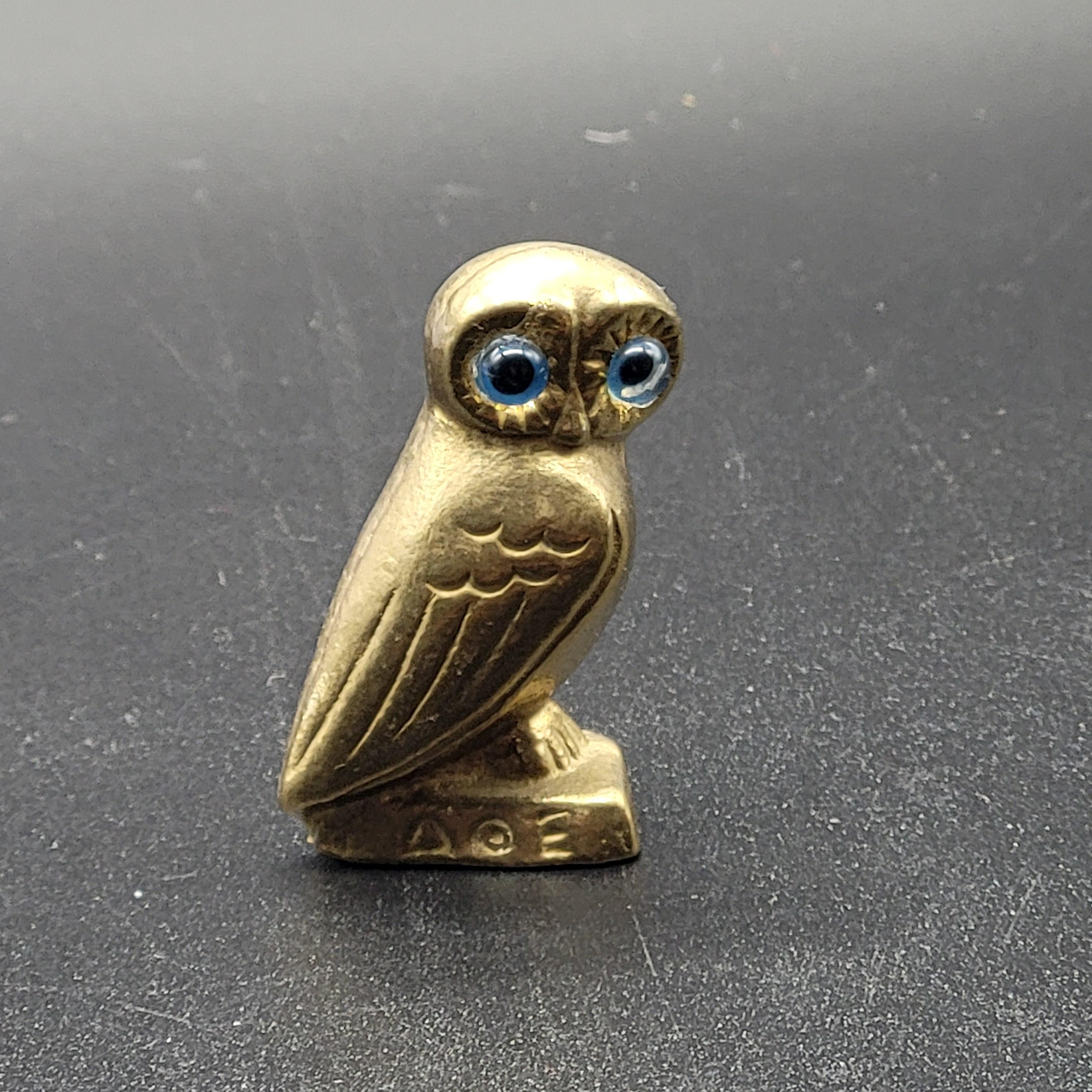 Vintage Solid Brass Owl of Athena Figurine – Greek Symbol of Wisdom – Glass blue Eyes