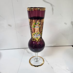 Venetian Murano Tre Fuochi Vase | 25cm Ruby Red with 24K Gold | Mojolica Style Glass Flowers | Italy Art Glass | Vintage Decor