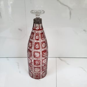 Antique Bohemian Flashed Glass Decanter | Red Etched Panel Bottle with Worn Silver Collar | Late 19th Century Decorative Barware