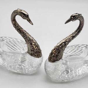 Pair of Vintage Swan Salt Cellars | Glass and White Metal | Elegant Tableware