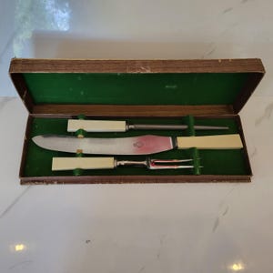 Vintage 3-Piece Carving Set Sheffield Shear Steel Knife Fork Retro Plastic Handles Mid-Century Modern Square in Original Box