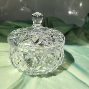 Vintage Crystal Lidded Candy Dish | 5&quot; Diamond Cut Trinket Jar | Elegant Mid-Century Crystal Bowl