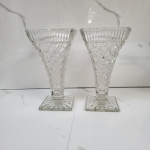 Pair of Antique Edwardian Cut Glass Vases – 21cm x 13.5cm (8.25” x 5.3”) – Elegant Tapered Form