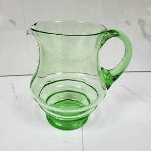 Vintage Hand-Blown Green Glass Jug – Pontil Mark, Subtle Vertical Lines, 18.5cm Tall