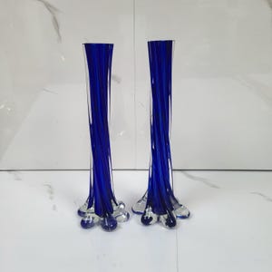 Pair of Retro 1970s Twisted Cobalt Blue Glass Vases | 20.5cm Tall | Elephant Foot Base | Mid-Century Modern Style | Stunning Vintage Decor