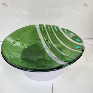 Green Art Glass Bowl | Silver Leaf Inclusions & Clear Cane Detailing | Handmade Studio Glass | Unique Decorative Bowl | 23cm