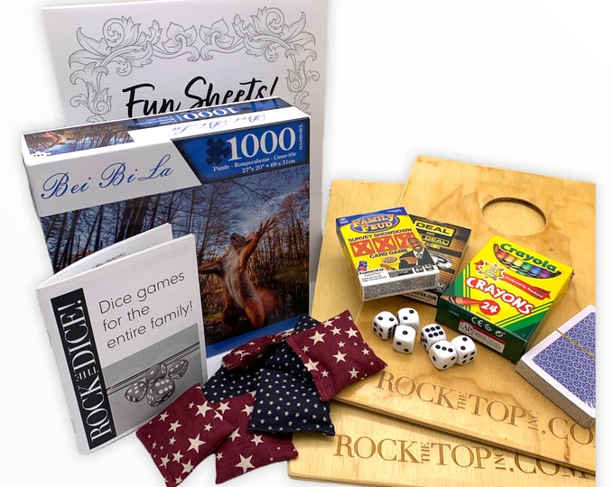 Teen/Family Games for Game Night. USA Handmade Cornhole. Jigsaw Puzzle Portable Wooden Boards Mini Bean Bags Cards Dice Set & Game Booklet.