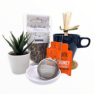 Restful Moments, Tea Lovers Perfect Gift, Organic Tea w/ Bamboo Coaster, Tea Strainer, Honey, Ceramic Mug. Great Get Well Box