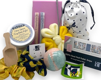 Adorable Spa Gift Box makes the perfect Girls Gift, Bath Bombs, Candy, Kids Gift, Spa Gift Set, 90's scrunchies!