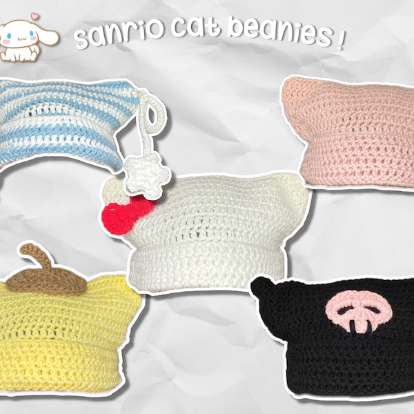 Sanrio My Melody Kuromi Cinnamoroll Hello Kitty and Pompompurin kawaii crochet cute cat beanies | Handmade Crochet Beanie |Crochet cat