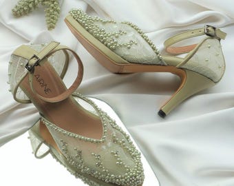 green pearl embellished pointed toe wedding guest heels, tropical garden party stiletto bridal shoes