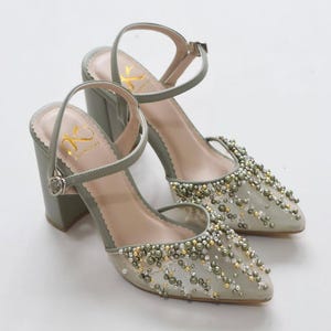 sage green pearl party shoe, elegant transparent woman wedding shoe, simple cinderella party shoe, ankle strap glam bridal heel, classy shoe