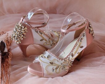 Escarpins à talons aiguilles en perles de strass en or rose, chaussures de soirée élégantes de conte de fées de Cendrillon