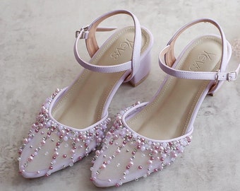 lilac pearl embellished wedding guest heels, transparent ankle strap garden party bridesmaid shoes