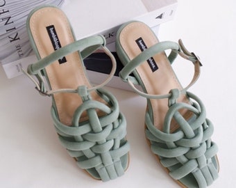 sage green bohemian colorful ankle strap sandals, comfort woven flat summer casual shoes
