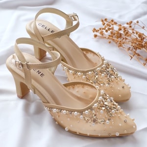 gold beaded pearl embellishment wedding guest heels, handmade embroidered garden party shoes image 1