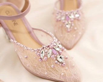 lilac lace simple elegant winter bridal heel, rhinestone beaded classy pointed toe shoe