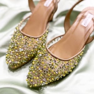 green pearl embellishment transparent wedding shoe, classy beaded party elegant heel, custom beads bridal pump shoe, green yellow party heel