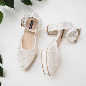 white beaded wedding party shoe, minimalist bridal high heel, square lace embroidered shoe, ankle strap bridal heel, pointed toe custom shoe