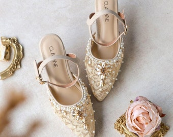 gold ankle strap pearl beaded wedding guest heels, lace handmade embroidery bridesmaid shoe