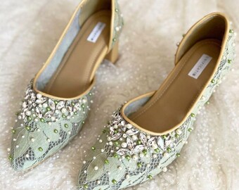 Grüne Spitze Perle Strass Braut Pumps Schuhe, einfache handgemachte Stickerei Hochzeitsgast Ferse
