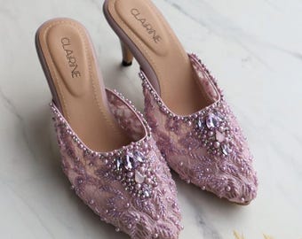 lavender lace handmade beaded wedding heels, classy rhinestone sequin bridal shoe
