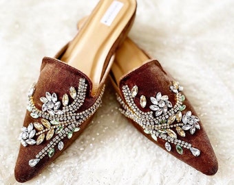 simple embroidery beaded woman mules, classic rhinestone clogs, party formal glam foot wear, elegant simple flat sandal party, brown shoes