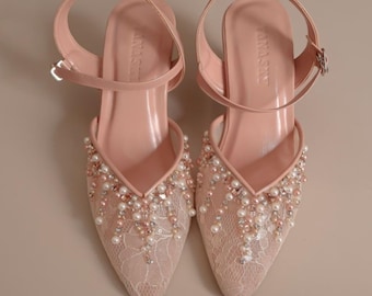 peach handmade pearl beaded wedding guest shoe, embroidered ankle strap vintage bridal shoes
