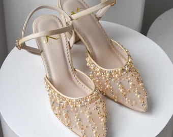 gold pearl embellishment wedding guest shoe, minimalist classic statement shoe, ankle strap fairytale flats