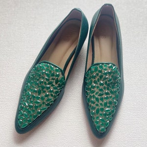 emerald green rhinestone formal pump shoe, crystal beaded flat shoe, pointed toe comfort low heel shoe, engagement gift, party shoe