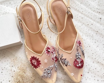 vintage rustic floral embroidery garden party heels, transparent beaded ankle strap wedding guest shoe