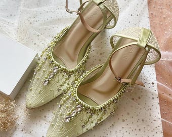 sage green pearl beaded wedding shoe, minimalist lace embroidered party heels, classy elegant pearl embellishment bridesmaid shoe