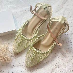 sage green pearl embellishment beaded shoe, classic lace vintage embroidery heels, pointed toe classy elegant party heel, custom heel shoe