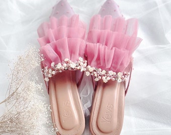 altrosa rose tüll feminime mules, perlenbesetzte elegante party heels, einfache bestickter schuh