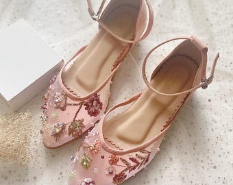 pink velvet floral rustic wedding shoes, handmade embroidery beaded bridesmaid heels