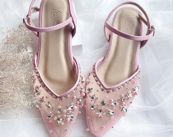 pink pearl beaded ankle strap elegant heels, transparent classy wedding guest party shoes