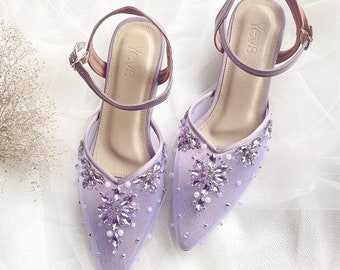 lavender purple rhinestone elegant heels, summer beaded ankle strap wedding guest shoes