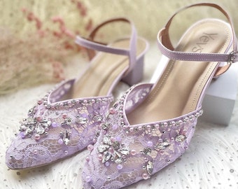 Lilac Lace Bridal Heels: Pearl Beaded Ankle Strap Wedding Shoes