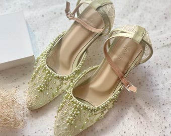 salbeigrüne Perlenverzierung Perlenschuh, klassische Spitze Vintage Stickerei Ferse, spitze Kappe edel elegante Party Pumps