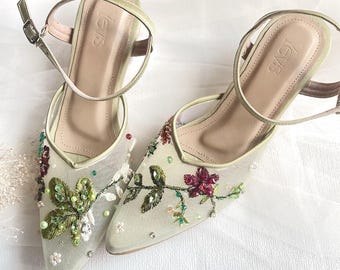 sage green embroidered floral heels, beaded ankle strap party shoes for garden party