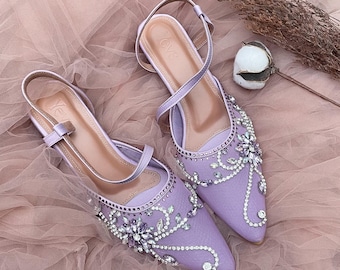 lavender rhinestone beaded elegant party heels, pointed toe fairytale cinderella bridesmaid shoe
