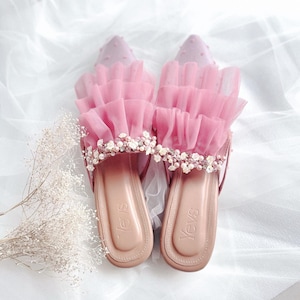 dusty pink close toe tulle mule, beads pretty elegant heels, special occasion women sandals, birthday party girly mule, classy party slip on