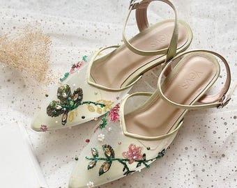 Salbei grün pop farbe garten party schuh, transparente blumen stickerei brautsschuh, knöchelriemen spitz zulaufend, brautsabsatz