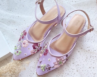 lavender floral beaded party shoe, vintage embroidery pearl embellishment bridal heels, transparent elegant wedding guest heel