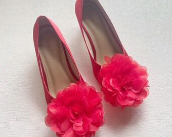 red organza flower satin party outdoor pumps shoe, comfort floral corsage bridal party heel