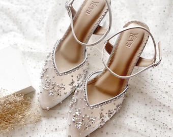 silver sequin crystal bridal heels, elegant classy pearl beaded wedding shoe, ankle strap elegant party pumps